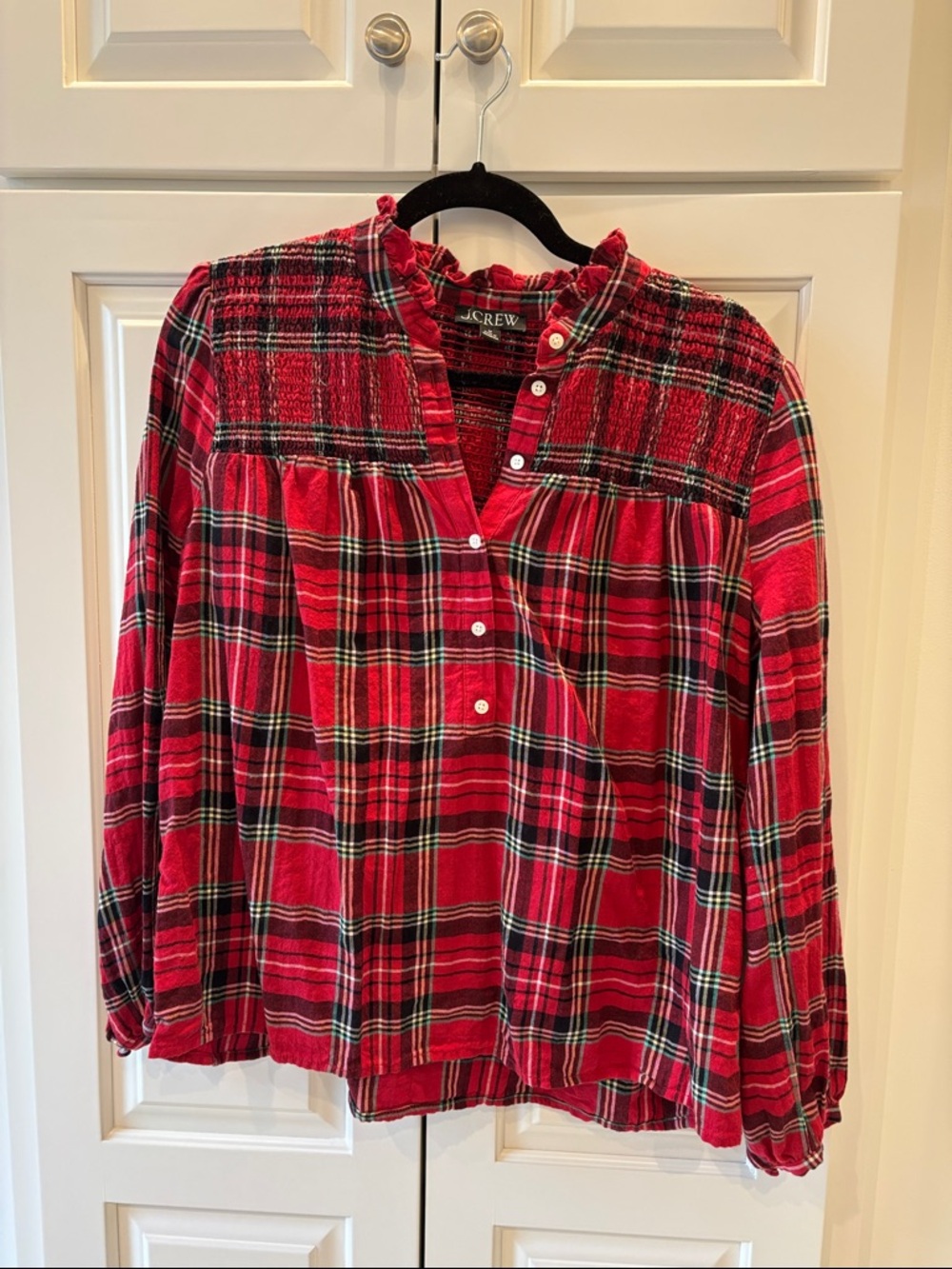 J. Crew Red Plaid Smocked Yoke Button-Front Blouse